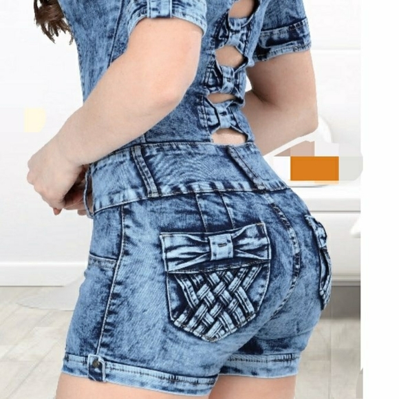 Booty Lifting Colombian Denim Romper - Blue - Picture 3 of 7